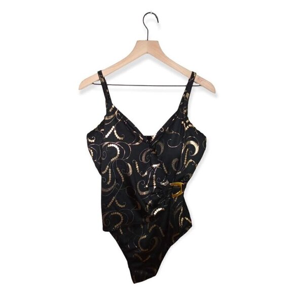 Shape FX Vintage 90's One Piece Black and Gold Swimsuit Size 16W - Picture 1 of 4